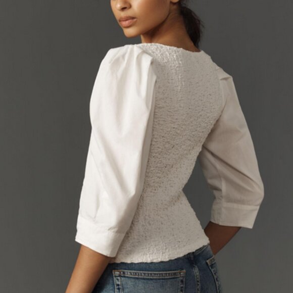 By Anthropologie Smocked Cardigan Top Ivory Buttondown Blouse L - Picture 2 of 8